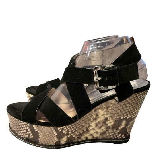 Michael Kors Celia Wedge Sandals Heels Size 10M Black/Gray snake‎ print - Picture 1 of 9